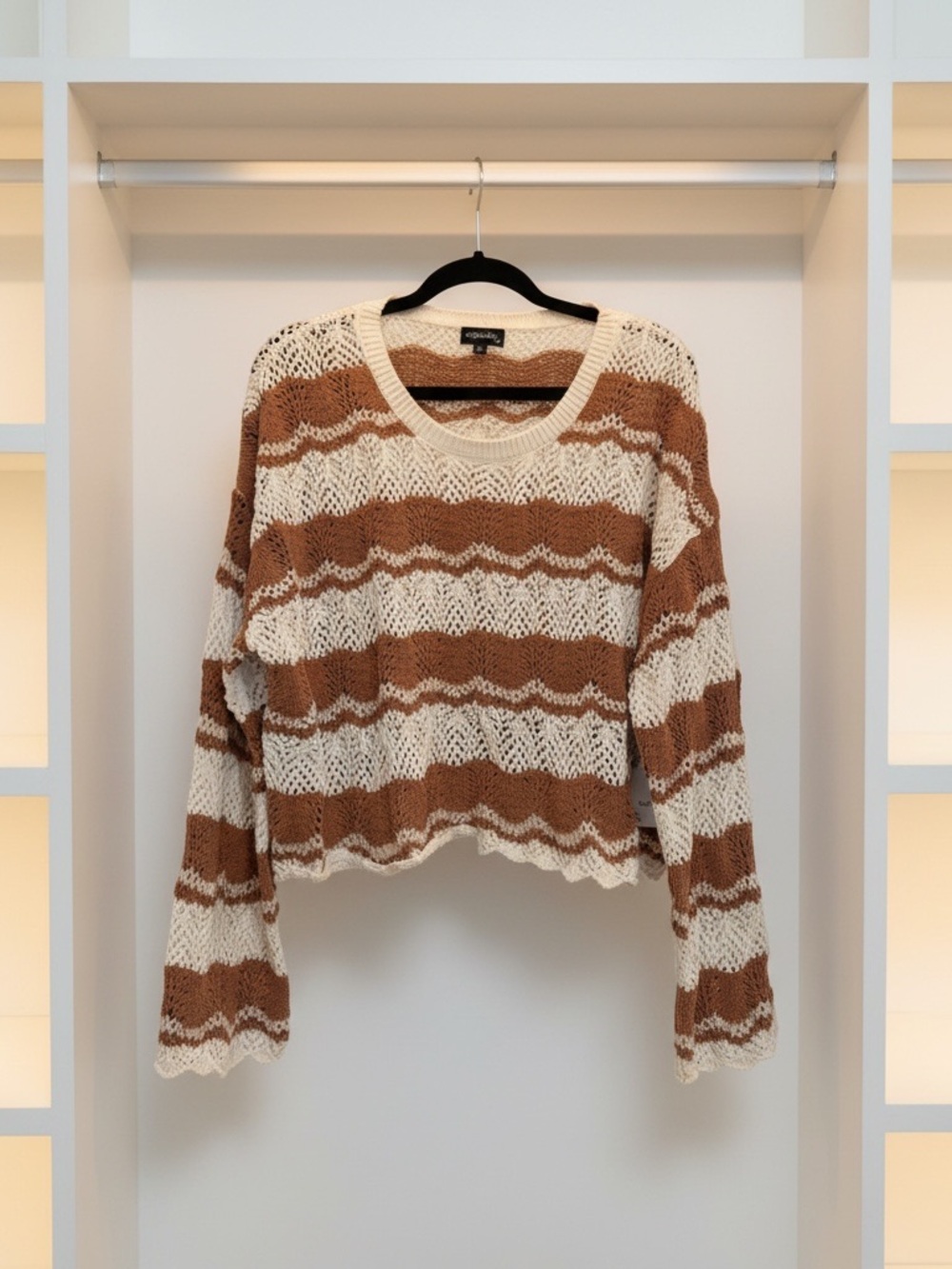 Striped Open-Knit Crew Sweater — Cream & Brown